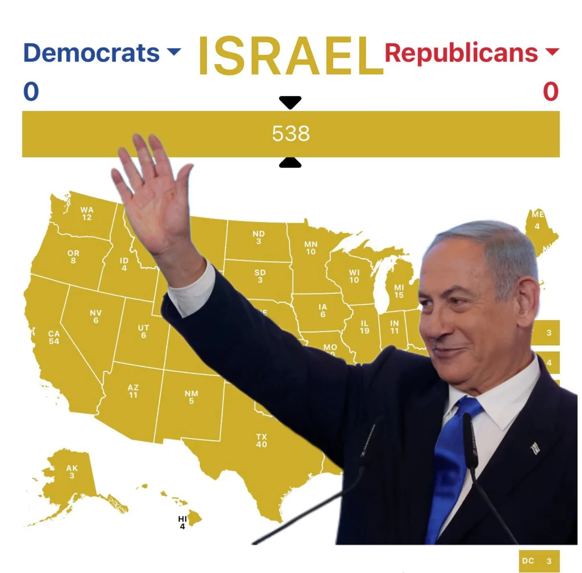 An image of Israeli Prime Minister Benjamin Netanyahu waving in front of a digitally altered U.S. electoral map. The map…