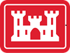 A red rectangular sign with a white castle icon, featuring three towers and an arched entrance, commonly used as a symbol…