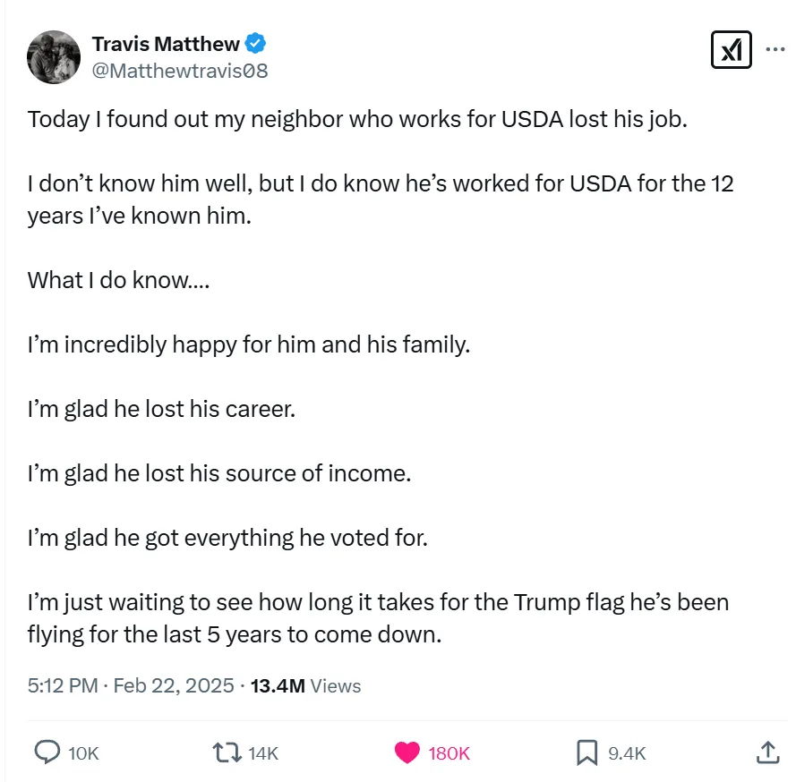 A screenshot of a tweet by Travis Matthew (@Matthewtravis08) from February 22, 2025, showing a sarcastic message about a…
