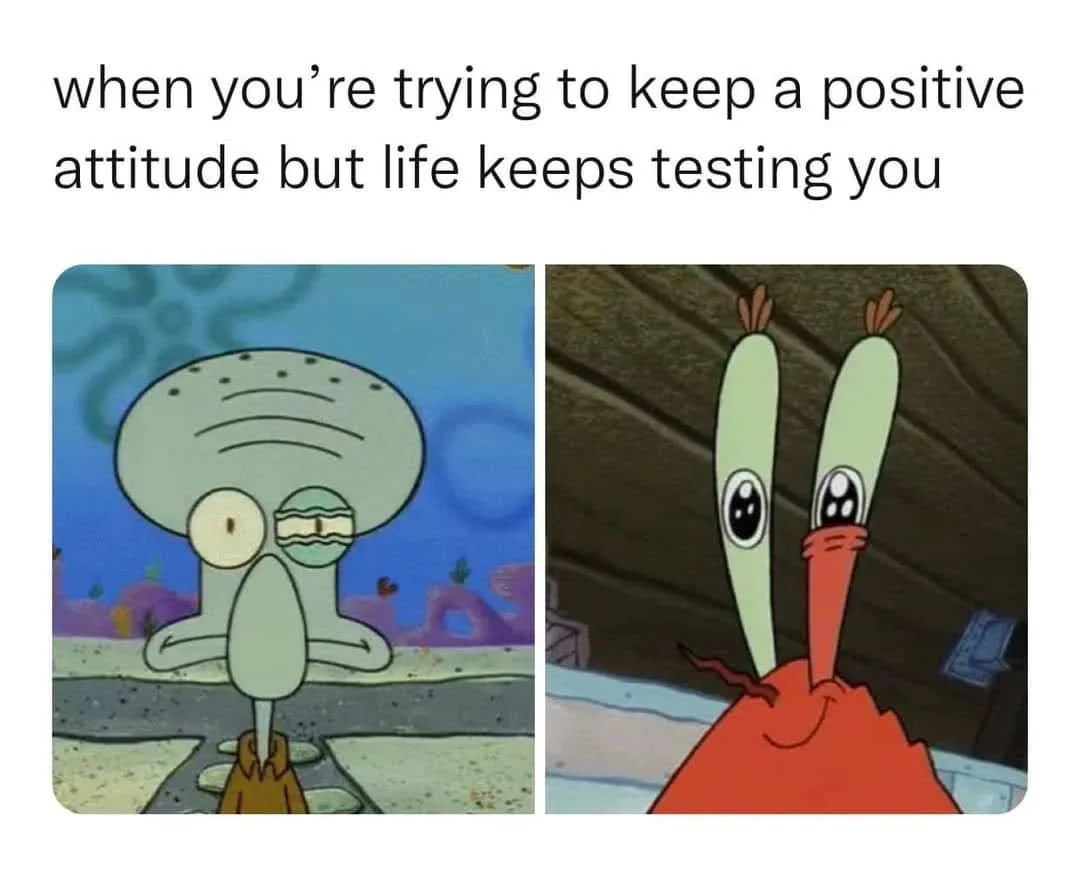 The image shows two side-by-side panels from SpongeBob SquarePants. The left panel features Squidward with a tired…