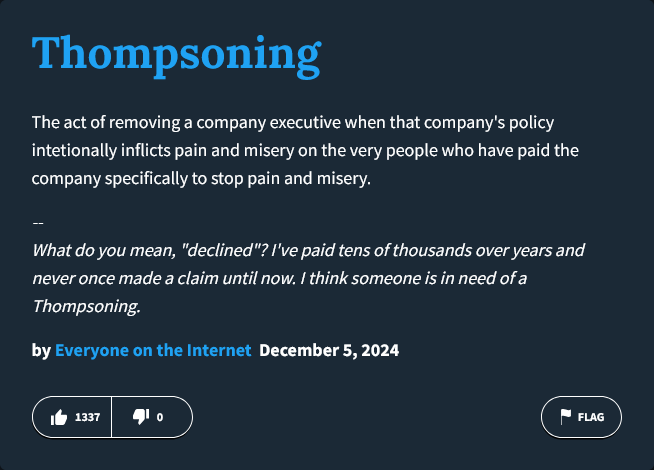 A dark humor meme with a dark blue background and white text defining 'Thompsoning' as removing a company executive for…
