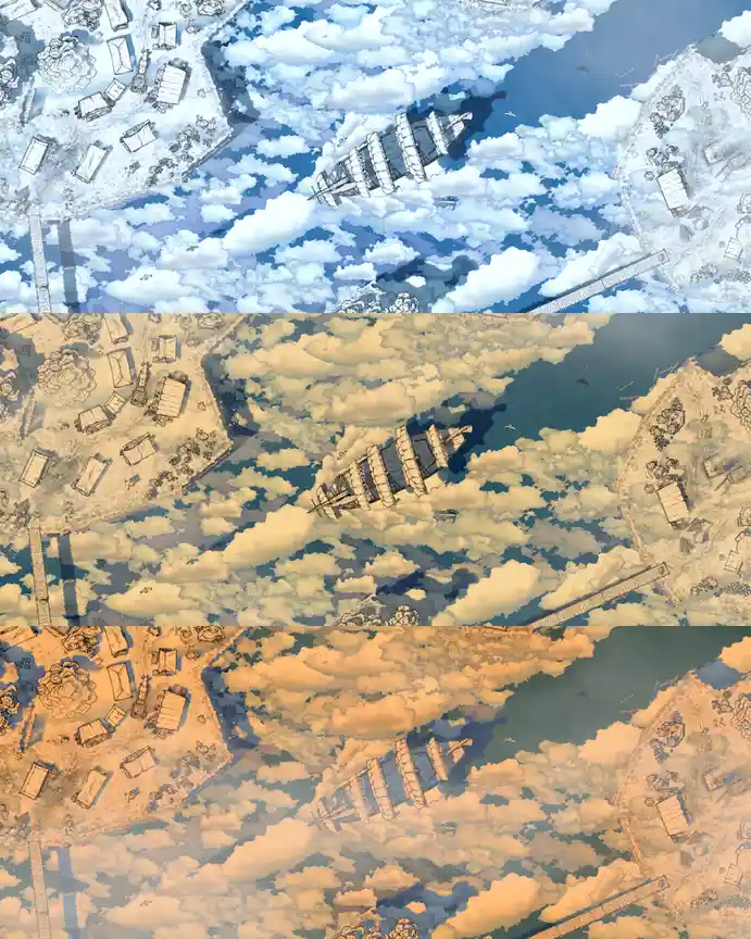 The image shows a stylized, top-down view of a sailing ship navigating through clouds, with the sky transitioning from blue…