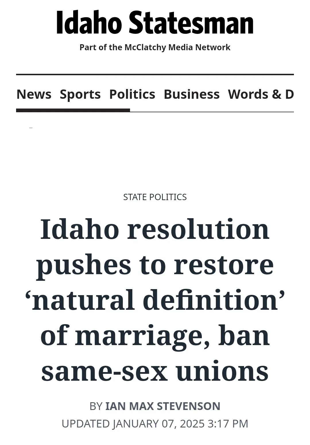 The image displays a screenshot of a news article from the Idaho Statesman, under the 'State Politics' section, with the…