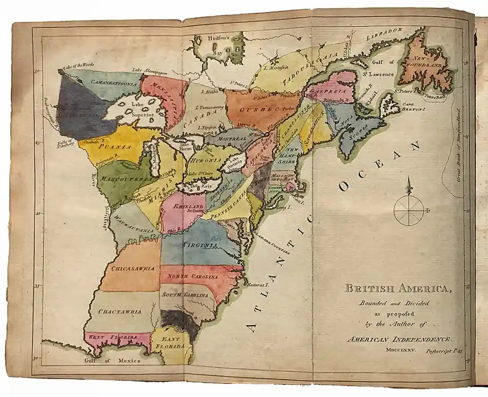 An old, sepia-toned map of British America, showing regions like Quebec, Virginia, and Carolina with colorful, irregular…