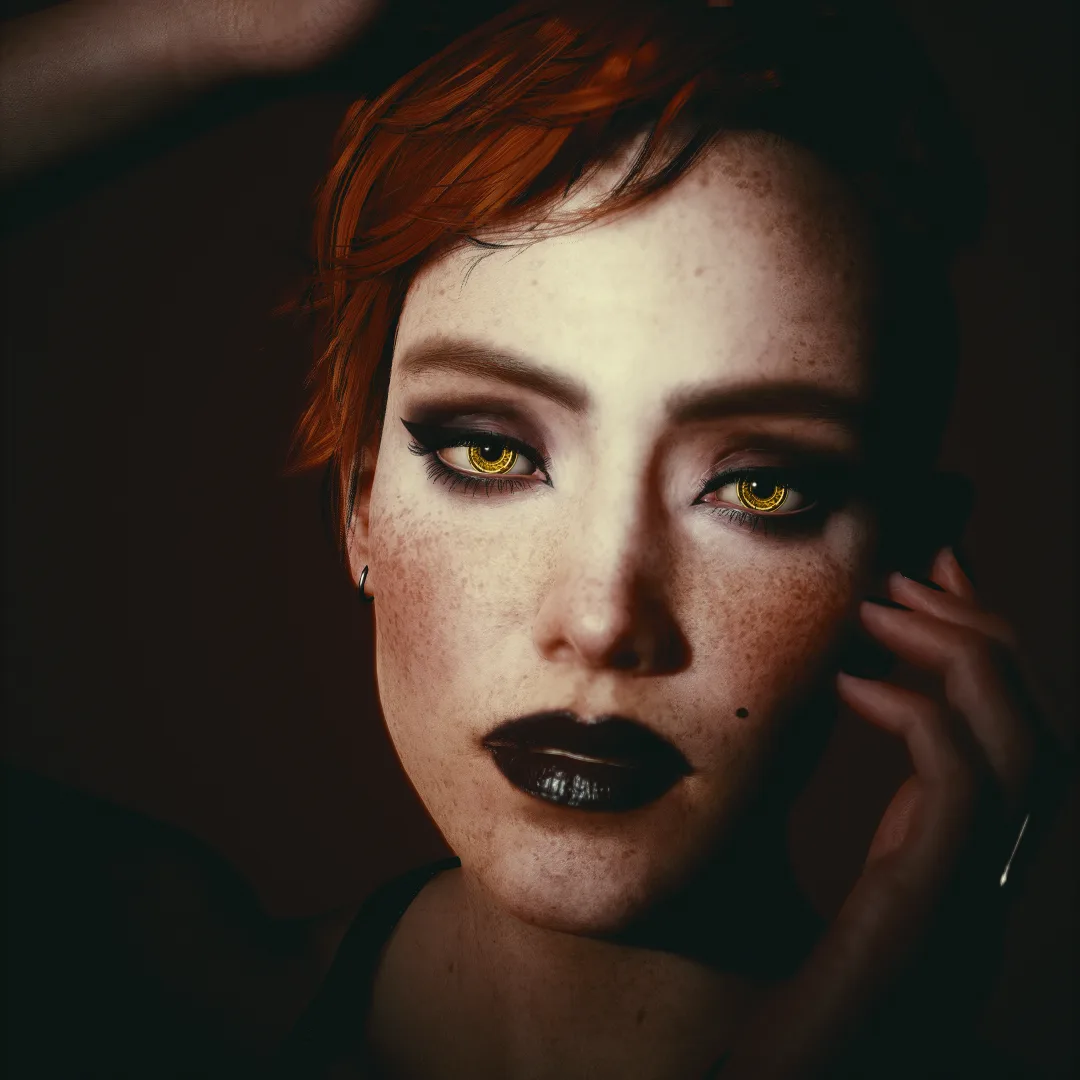 A close-up of a woman with freckles, short reddish hair, and striking golden-yellow eyes, holding a phone to her ear. She…