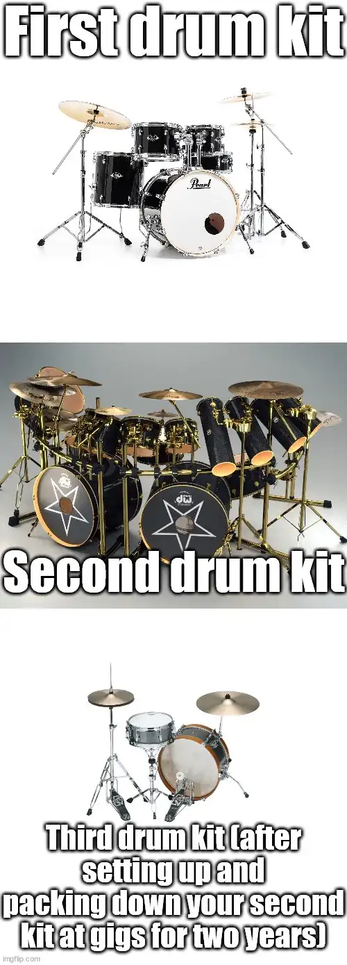 The image displays three progressively more absurd drum kits. The top panel shows a standard, full-sized Pearl drum kit…