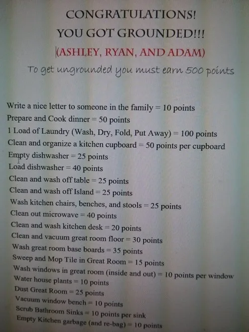 A printed sheet titled 'CONGRATULATIONS! YOU GOT GROUNDED!!!' lists chores with point values for three named individuals…