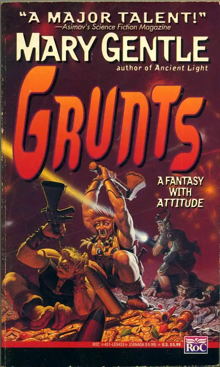The image is a book cover for 'Grunts' by Mary Gentle, featuring a fantasy illustration of three brutish, muscular humanoid…