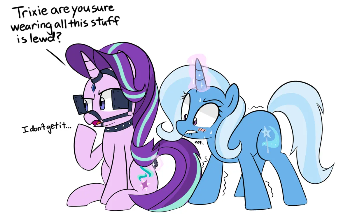Two cartoon ponies are depicted: a purple pony with a large hat and glasses, and a blue pony with a star and crescent moon…