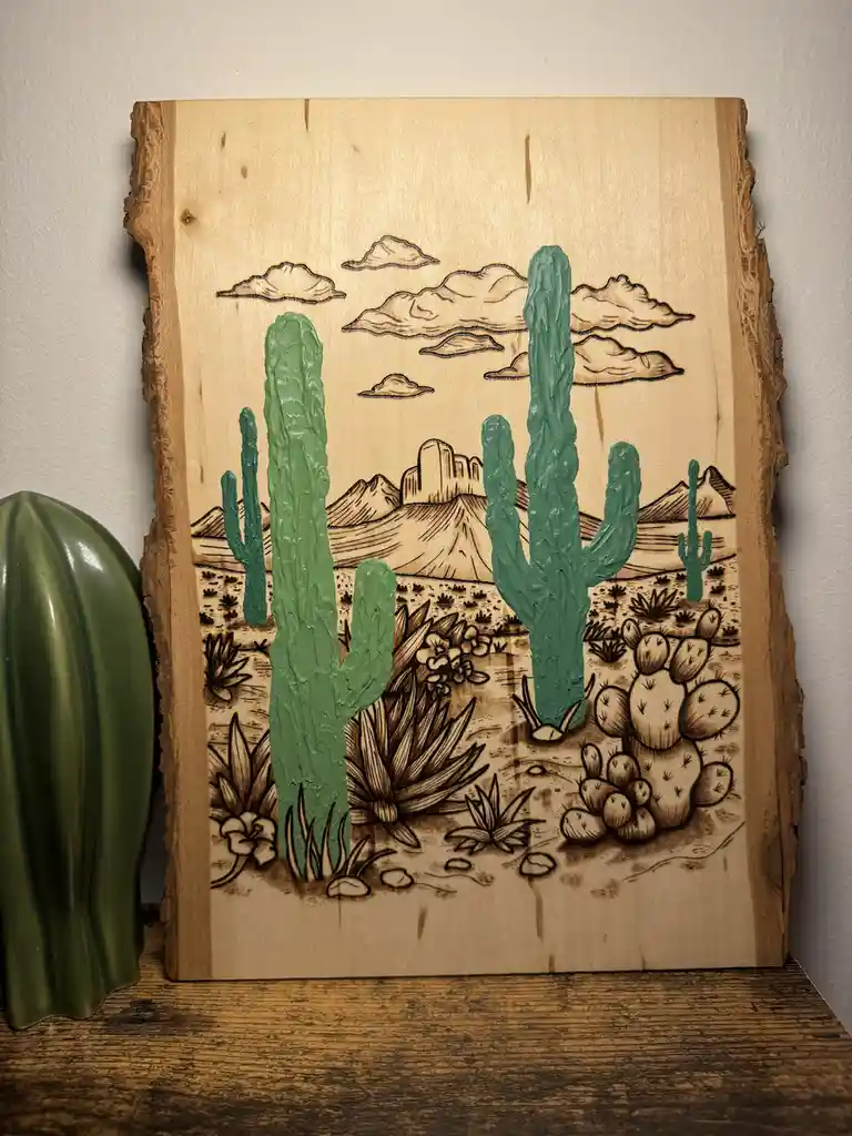 A wooden art piece depicting a desert scene with cacti and mountains, where the cacti are painted green while the rest is…