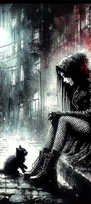 A dark, stylized illustration shows a hooded figure with long hair sitting on a stone street, wearing fishnet stockings and…