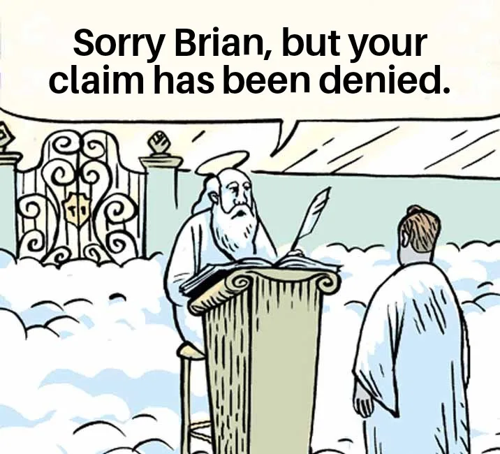 A cartoon depicts a bearded man in a white robe and halo sitting at a podium in the clouds, holding a quill and writing…