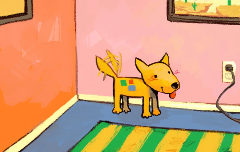 A cartoon yellow dog stands in a room with pink and orange walls, a striped rug, and a power outlet. The dog has colorful…