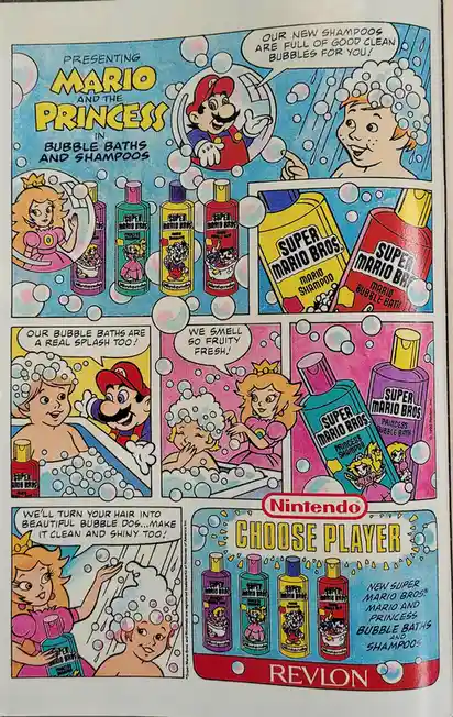 Throwback to a Vintage Super Mario Bros Shampoo Advertisement in Comic Book Style