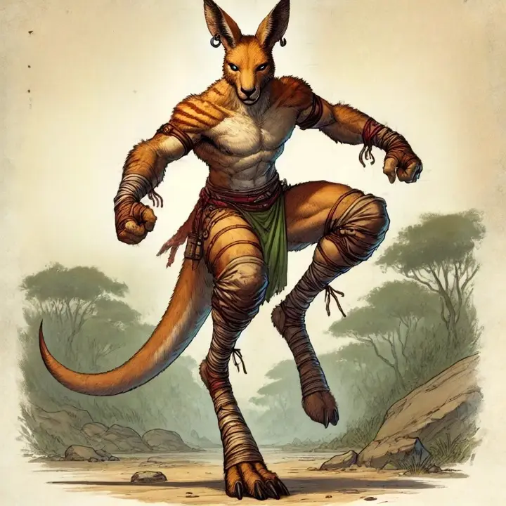 A muscular, anthropomorphic kangaroo stands in a dynamic fighting stance, wearing bandages and a green loincloth, with a…