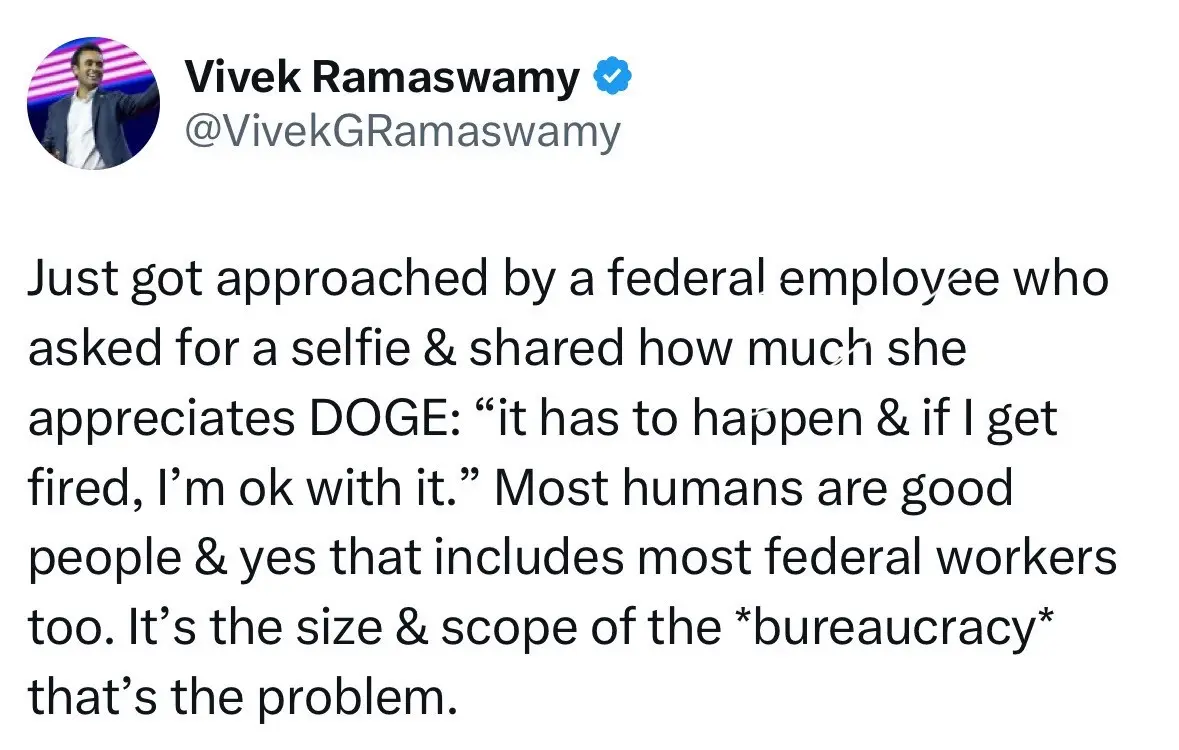 A screenshot of a tweet by Vivek Ramaswamy showing his profile picture and text. The text describes being approached by a…