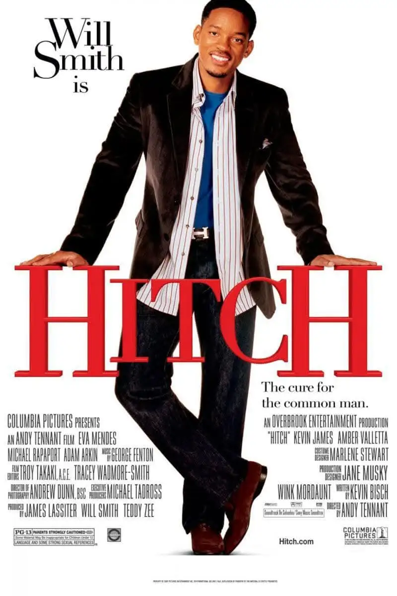 This is a movie poster for the film 'Hitch,' featuring actor Will Smith smiling and leaning forward with his hands on his…