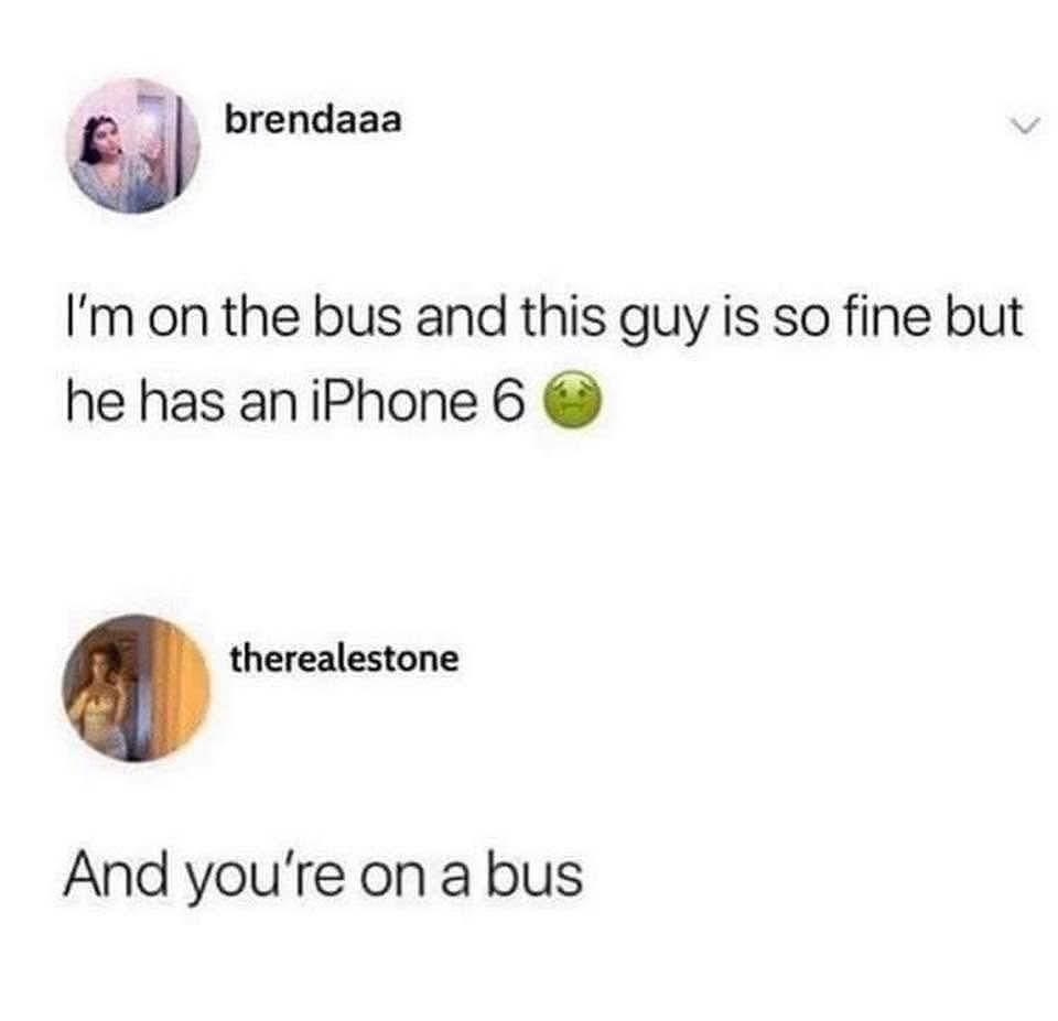 A screenshot of a social media conversation shows user 'brendaaa' posting that they're on a bus with a 'so fine' guy who has…