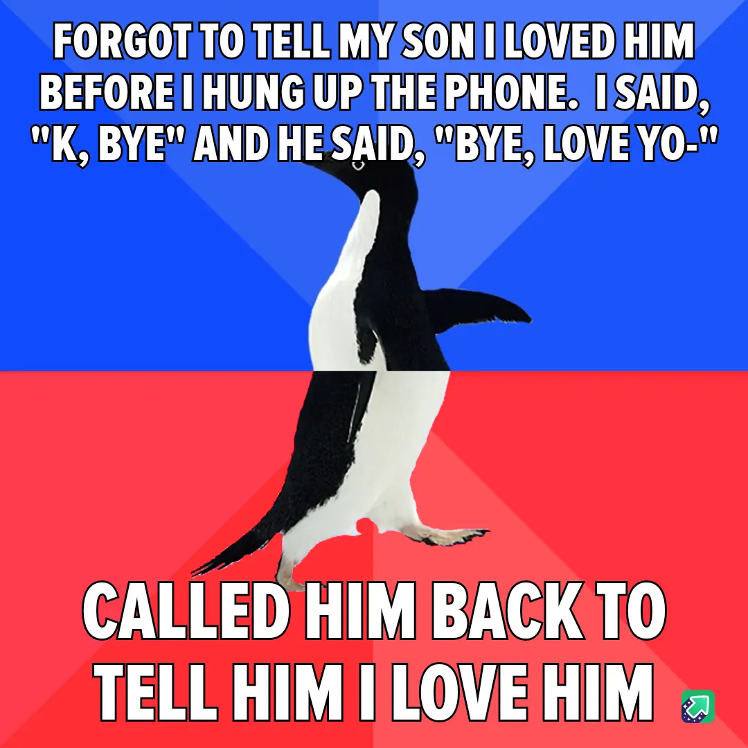 A penguin stands centered against a split blue and red background. White bold text overlays the image, describing a parent…