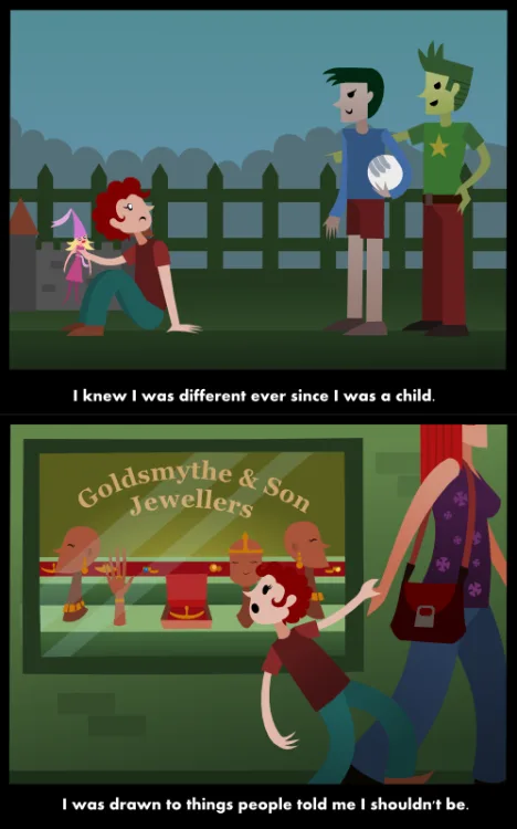 Two-panel cartoon. Top: A red-haired child sits on grass, holding a small fairy, while two boys stand nearby holding a ball…