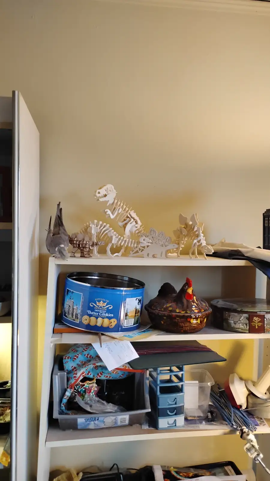 A white shelf holds several white cardboard dinosaur skeleton models, including a T-Rex and Stegosaurus, with a grey bird…