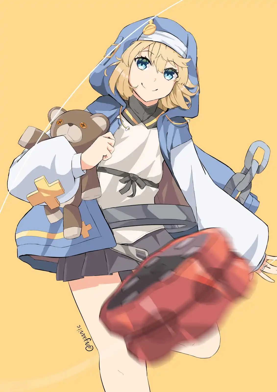 An anime-style illustration of a young woman with blonde hair and blue eyes, wearing a blue and white nurse's uniform with a…