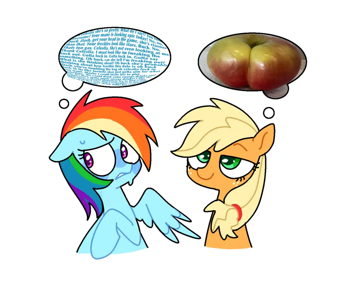 Two My Little Pony characters, Rainbow Dash and Applejack, are shown with thought bubbles. Rainbow Dash's bubble contains a…