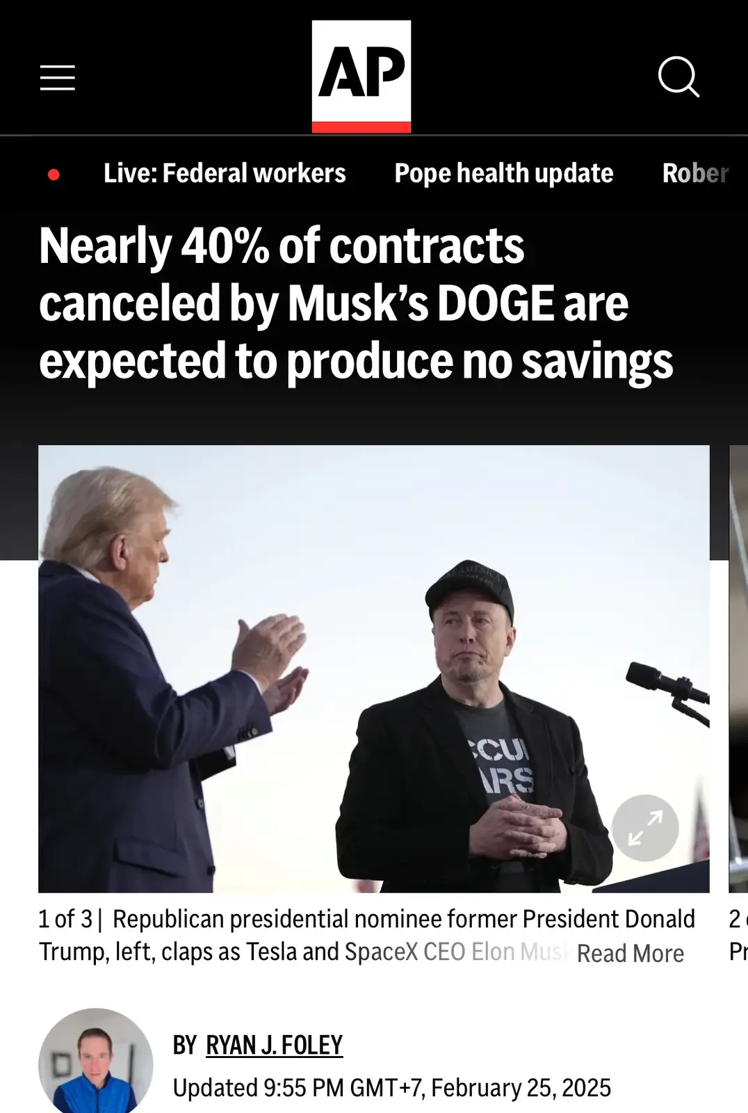The image shows a screenshot of an AP news article with a headline that reads 'Nearly 40% of contracts canceled by Musk's…