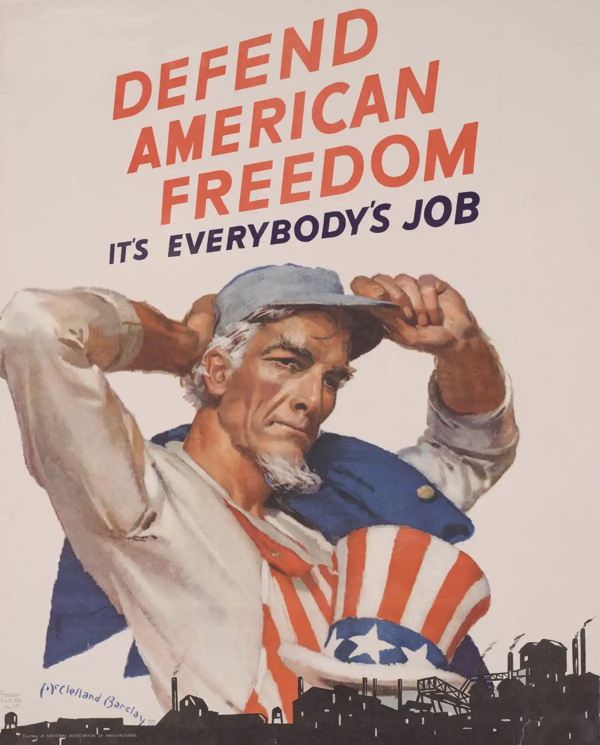 A vintage American wartime propaganda poster features a determined, middle-aged man with a white beard and cap, adjusting…