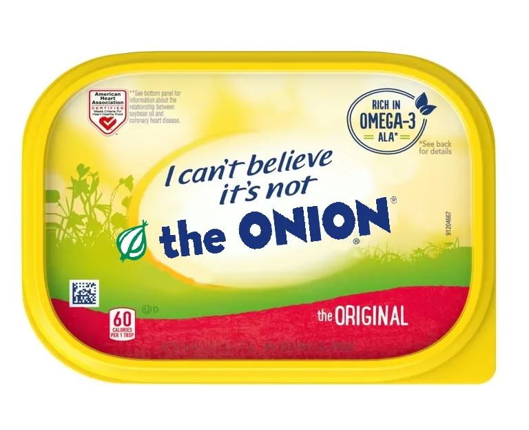 A yellow plastic tub of 'I can't believe it's not the ONION' margarine, featuring the brand's logo, a red bottom section…