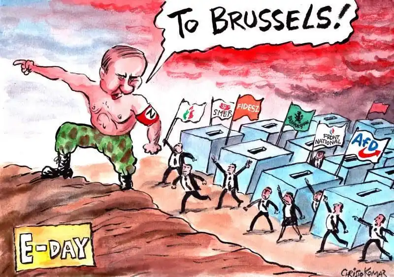 A cartoon depicts a large, shirtless Vladimir Putin figure pointing forward with a speech bubble saying 'To BRUSSELS!'…