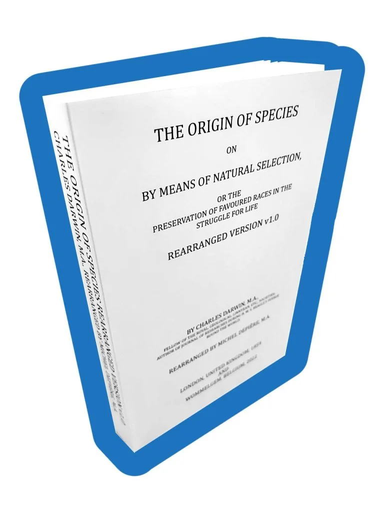 A digitally rendered 3D book with a blue cover and white pages, titled 'The Origin of Species' with altered text that reads…