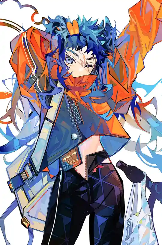 An anime-style illustration of a blue-haired character with one eye closed, wearing an orange scarf and jacket, holding a…