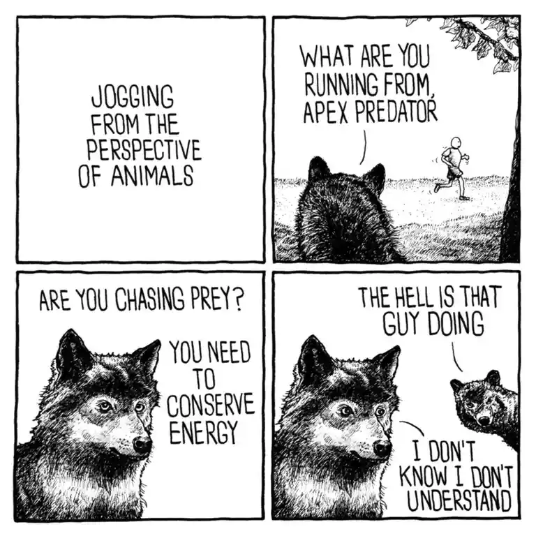 A four-panel comic strip titled 'JOGGING FROM THE PERSPECTIVE OF ANIMALS' depicts a wolf observing a human jogging. The wolf…
