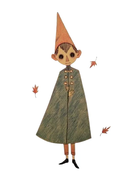 A stylized illustration of a small child wearing a tall orange cone hat and a long green coat with buttons, standing against…