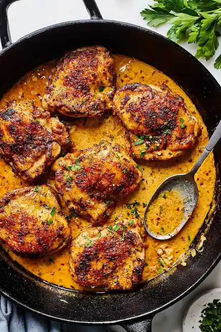 A top-down photo of six golden-brown chicken thighs simmering in a creamy yellow sauce within a black cast-iron skillet. A…