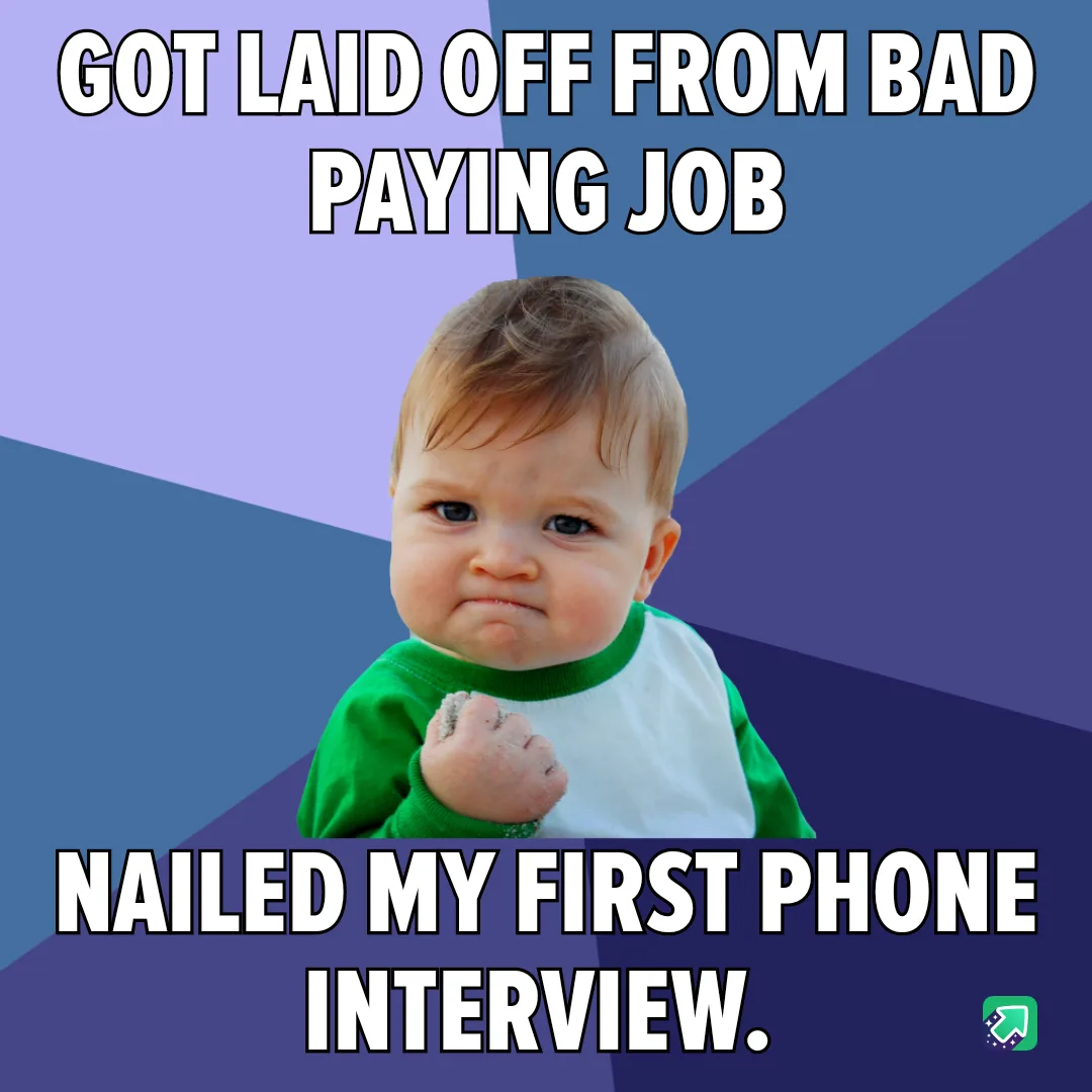 A baby with a smug, triumphant expression, wearing a green and white shirt, clenched fist, against a geometric purple and…
