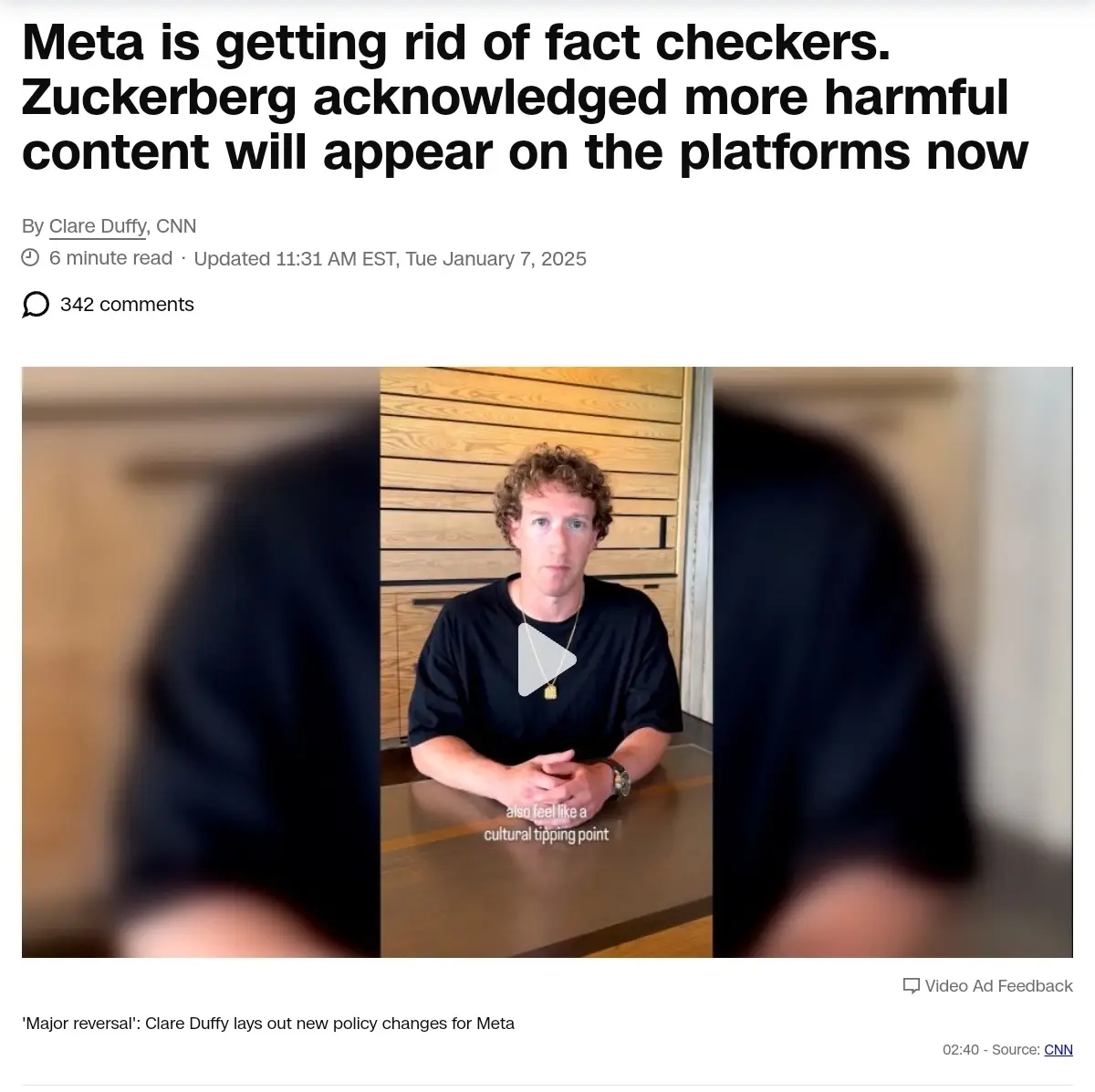A screenshot of a CNN news article with a headline about Meta removing fact checkers and Zuckerberg admitting more harmful…