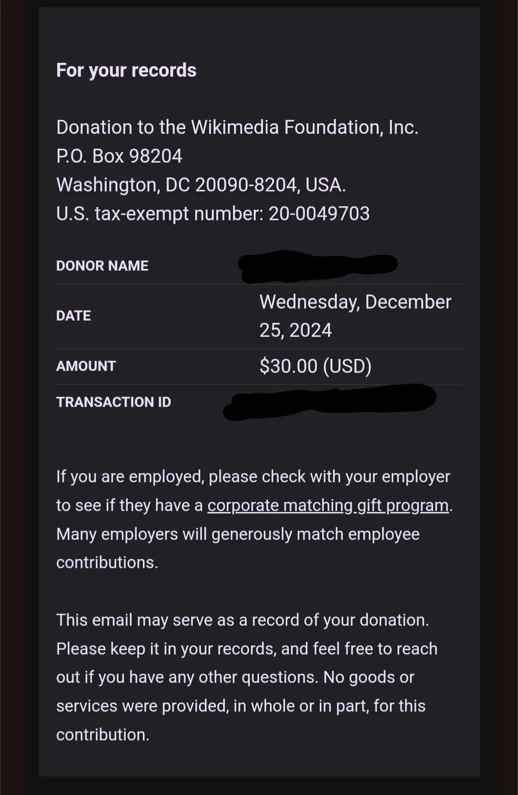 A donation confirmation email from the Wikimedia Foundation showing a $30.00 donation made on December 25, 2024, with donor…