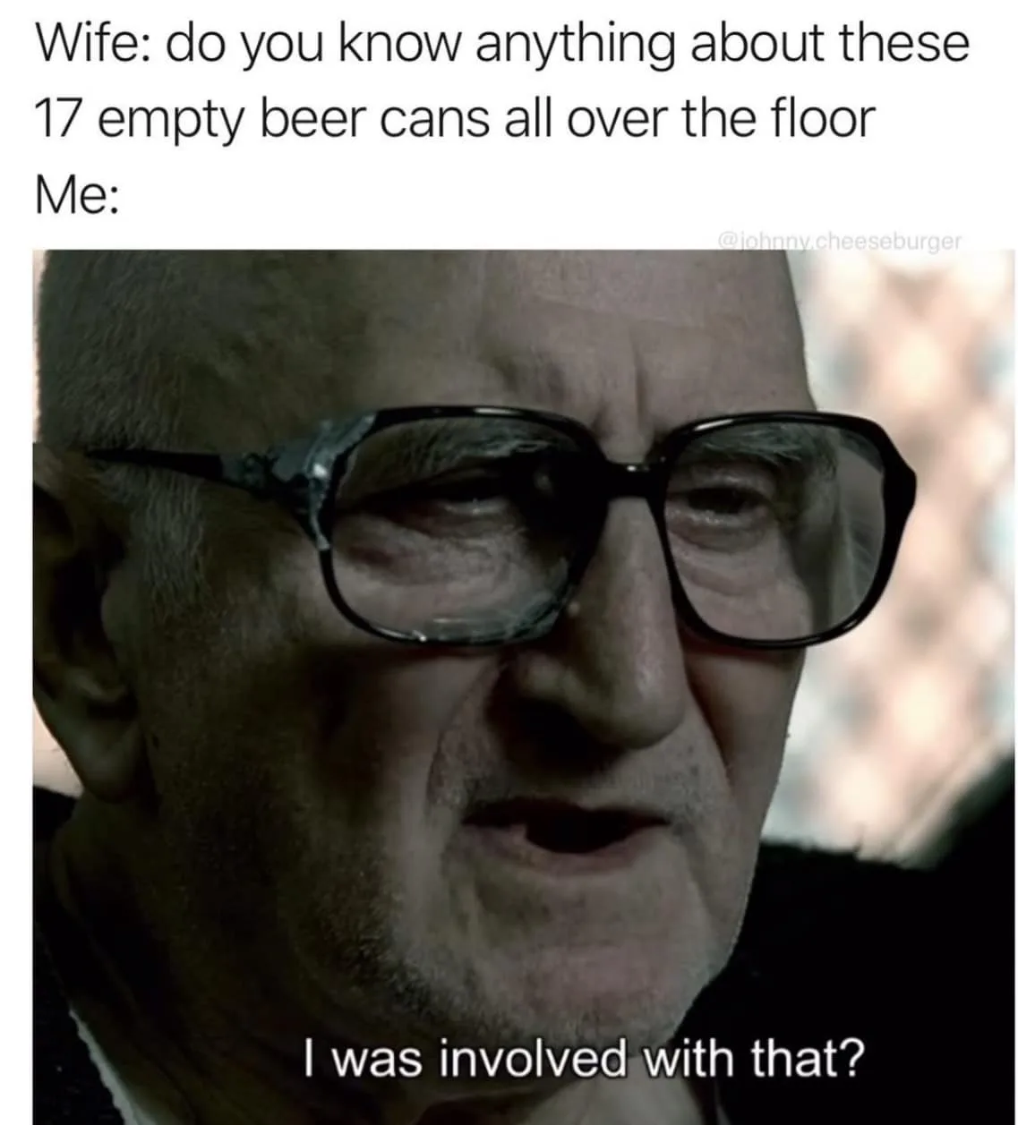 A close-up image of an elderly man with thick black-rimmed glasses, looking confused and slightly guilty. The overlaid text…