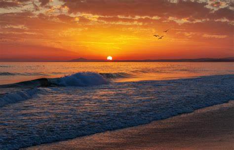 A serene sunset over the ocean with waves rolling onto a sandy beach, the sun low on the horizon casting orange and yellow…