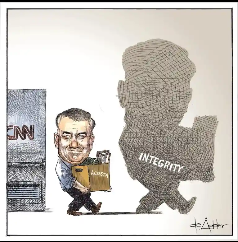 A cartoon depicts a man carrying a cardboard box labeled 'ACOSTA' as he walks away from a building with the CNN logo. A…