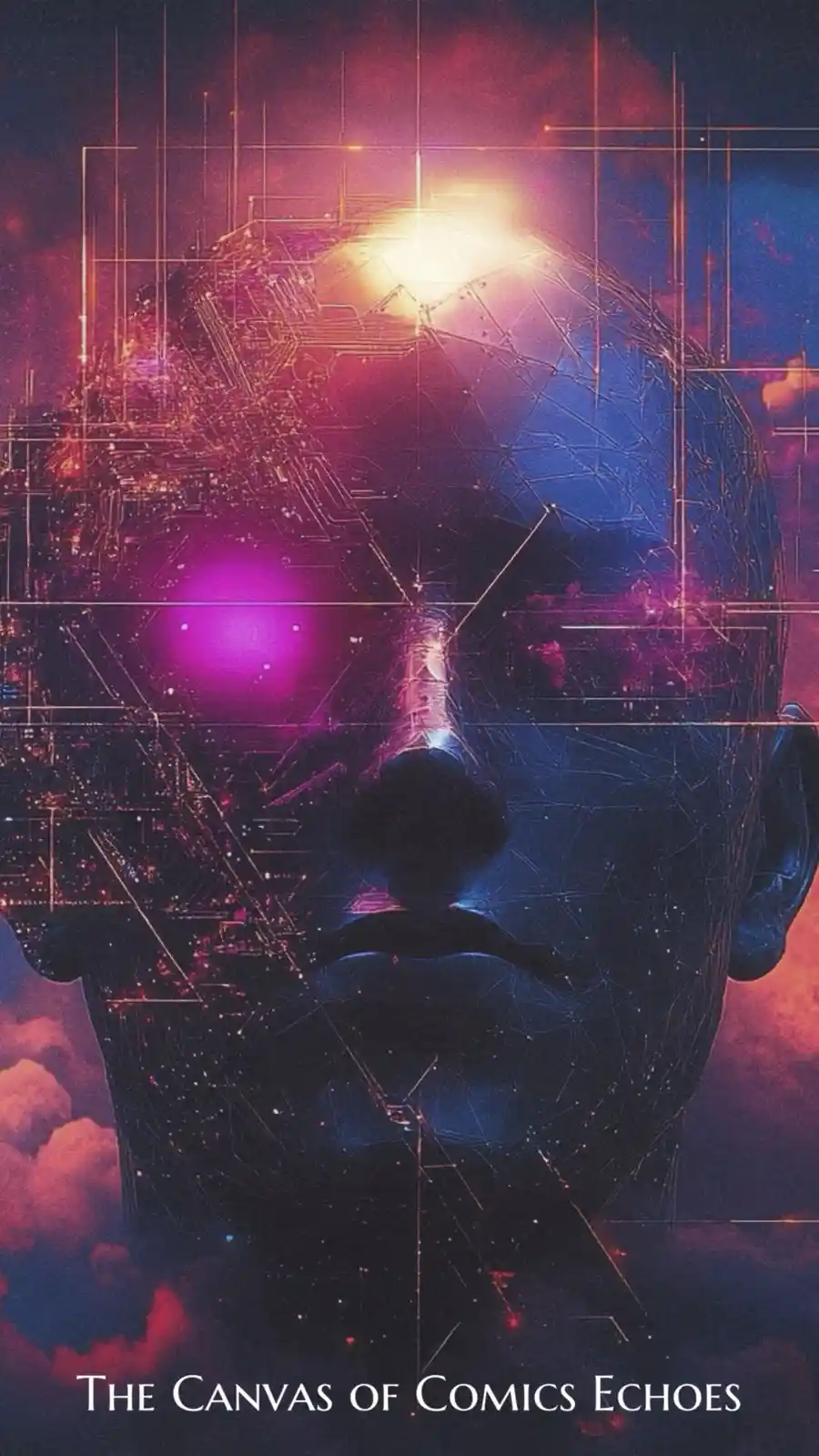 A stylized, futuristic image of a human head in silhouette, overlaid with glowing circuitry and digital grid lines against a…