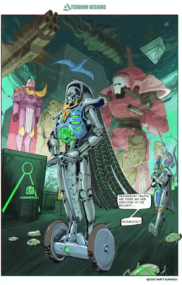 A sci-fi illustration shows a green-skinned, armored archaeologist on a futuristic scooter in a dimly lit, cluttered gallery…