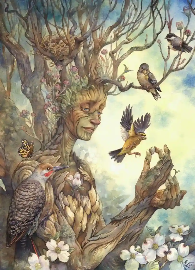 A watercolor painting depicts a humanoid figure whose body is formed from tree bark and branches, with a serene face and…