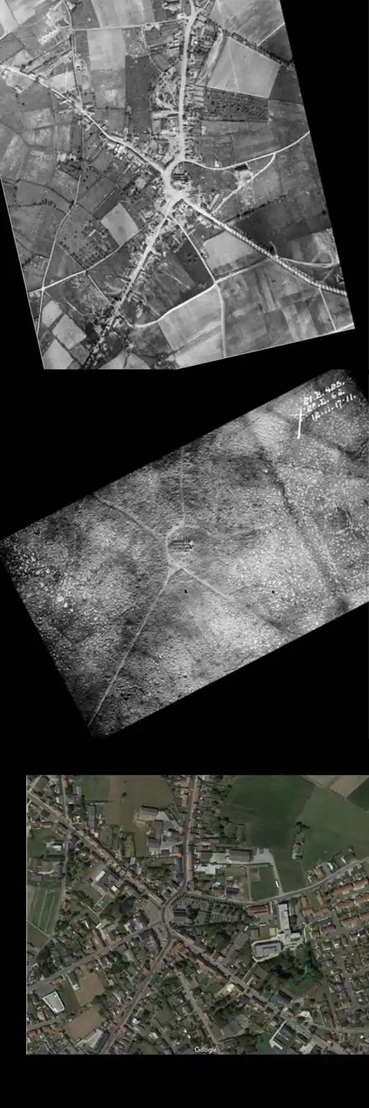 This meme displays three aerial photographs of the same rural area, stacked vertically. The top image is a black-and-white…