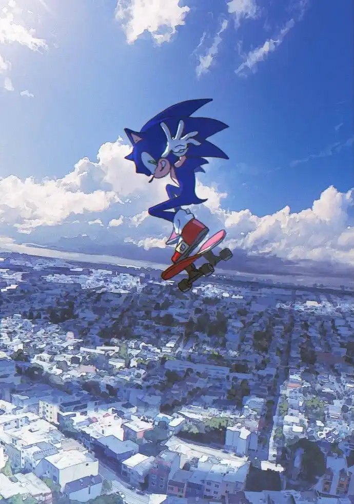 A blue anthropomorphic hedgehog with red shoes and white gloves is airborne, riding a red skateboard above a sprawling…