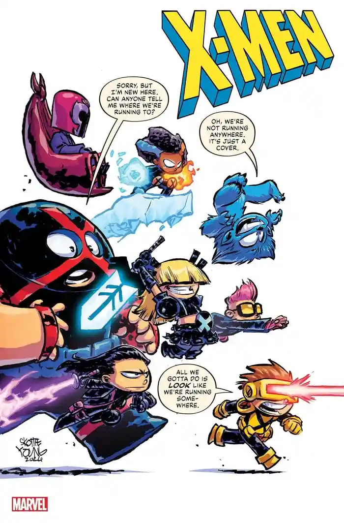 A comic book panel from 'X-Men' shows several chibi-style mutant characters in mid-flight, each with a speech bubble. One…