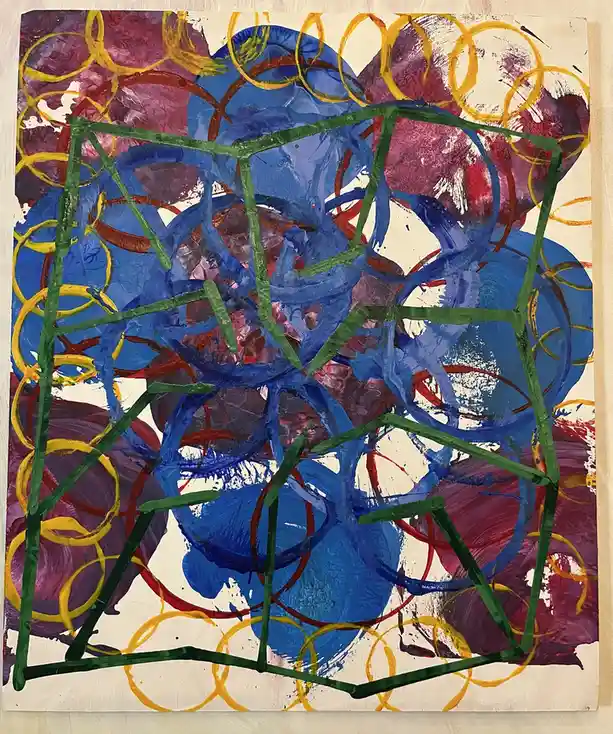 An abstract painting with thick, textured brushstrokes in blue, purple, red, and yellow, overlaid with a crude green grid…
