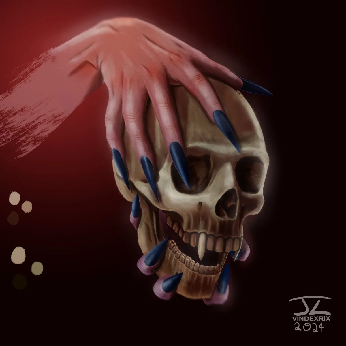 A digital painting shows a human hand with long, sharp, dark blue nails gently resting on a human skull. The skull has a…
